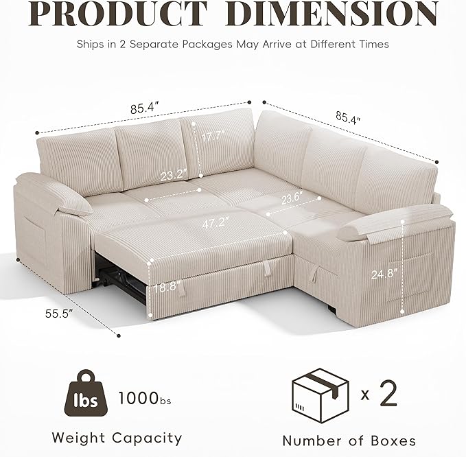 85 Inch Modular Sectional Sofa with Pull Out Couch Bed, L Shaped 5 Seat Sectional Couch with Storage, Corduroy Sectional Couches for Living Room, Cloud Modular Couch, Removable Sofa Cover, Beige