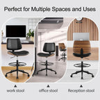Drafting Chair with Adjustable Footrest, Armless Modern Tall Office Chair for Standing Desk, PU Leather Swivel Stool in Curved Bentwood Style, Ergonomic Rolling Walnut Chair for Office(Black)
