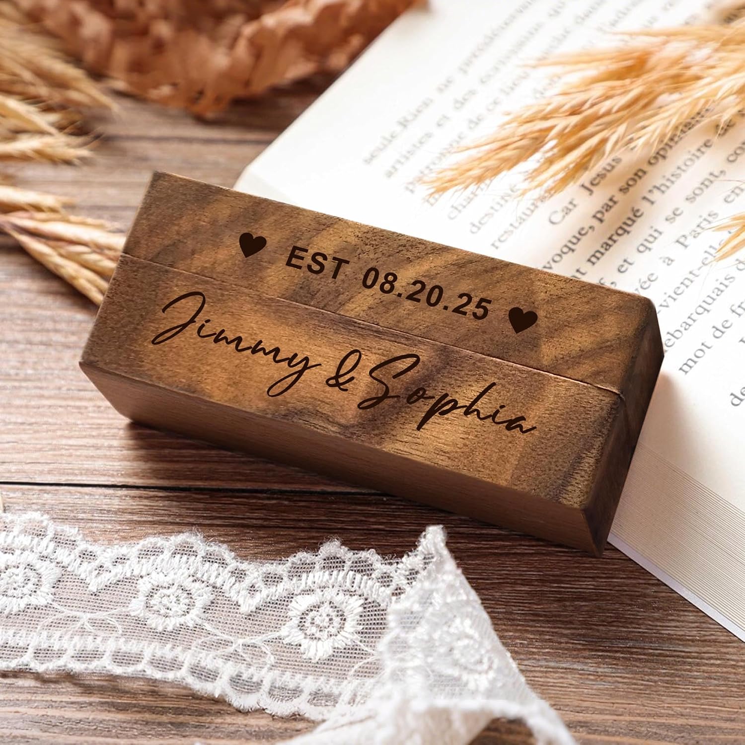 EDSG Personalized Wedding Ring Box 2 Slots, Flip Wooden Ring Holder, Engraved Ring Bearer Box with Names & Date (Design 3)