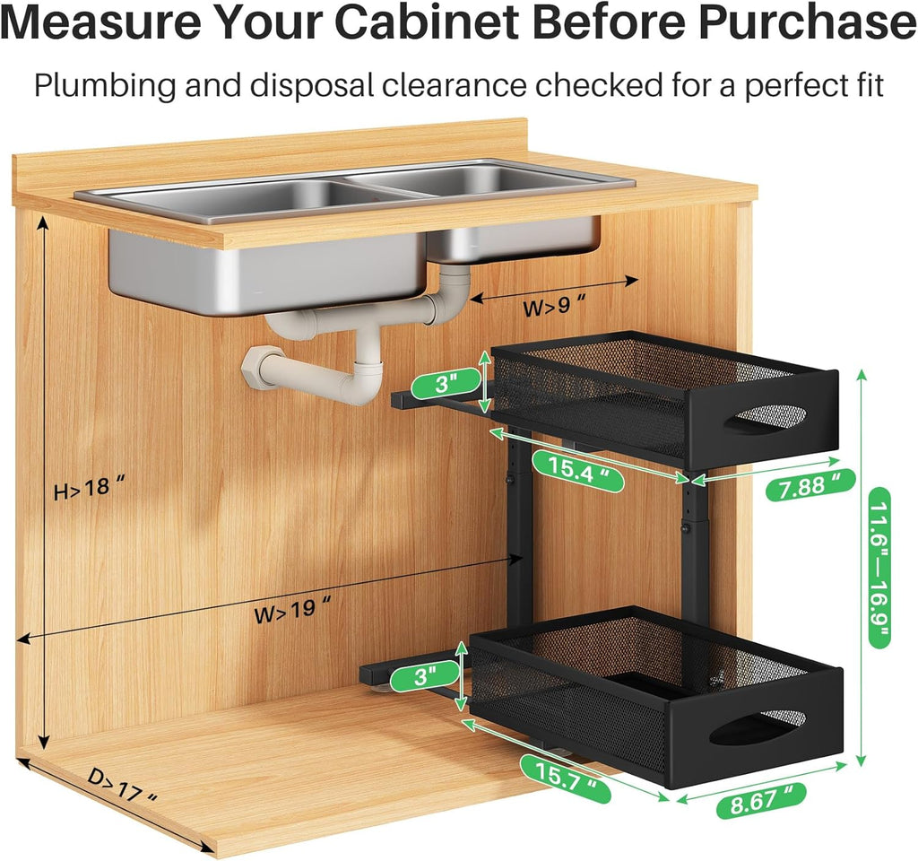 Under Sink Organizer, 2 Pack 2 Tier Pull out Cabinet Organizer Baskets with Mesh Sliding Drawers, Slide out Sink Storage Shelves for Home, Kitchen, Bathroom, Pantry, Office Organizers and Storag,Black