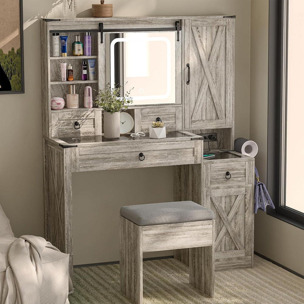 Farmhouse Vanity Desk with Mirror and Lights, 42” Makeup Vanity with Charging...