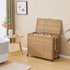 Laundry Hamper with Wheels, 52.8 Gallon(200L) Rolling Laundry Basket with Lid, 3-Section Rattan Clothes Hamper with 3 Removable Liner & 3 Mesh Bags, Laundry Sorter with Side Pocket, Natural