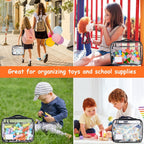 4 Pack Toy Storage Organizer Bag for Lego Bricks, Clear PVC Zippered Block Set with Manual Pocket& Name Tag, Waterproof Toy Carrying Case for Board Game, Building Blocks& Puzzles (Large, Black)