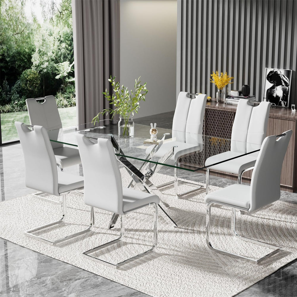 Modern 63 Inch Glass Dining Table Set for 6, 7 PCS Kitchen Table Set, Clear T...