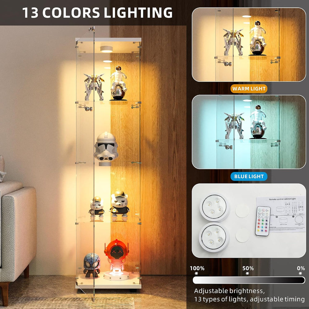 FANYUSHOW Display Cabinet with Glass Door and LED Light, 4-Tier Tempered Glas...