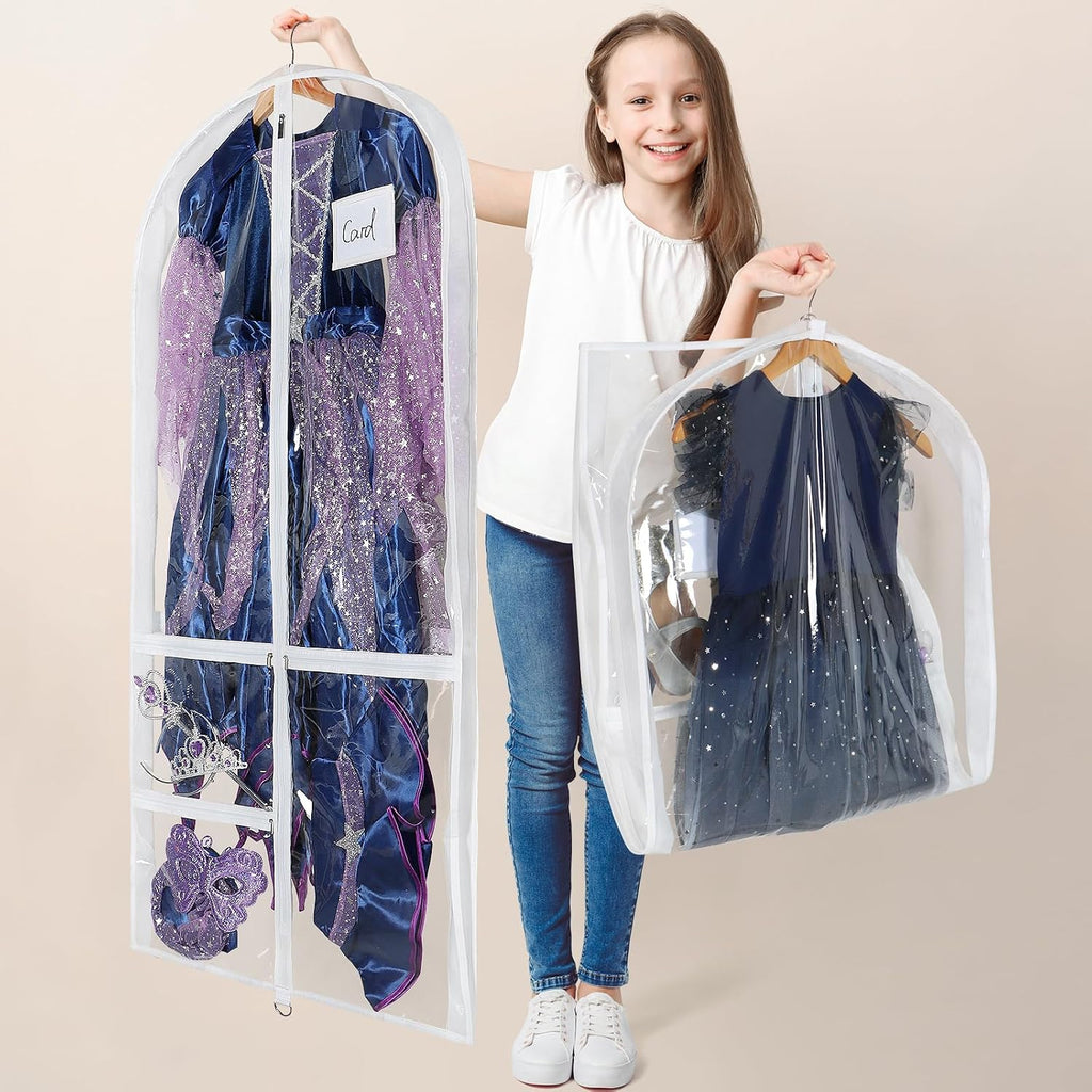 Univivi 50 Inch Dance Costume Garment Bags for Dancers, White, 2 Pack | Breathable Fabric, PVC Window, 3 Separated Clear and 1 Back Zipper Pocket, Foldable Dance Garment Bags for Dancers, Dresses