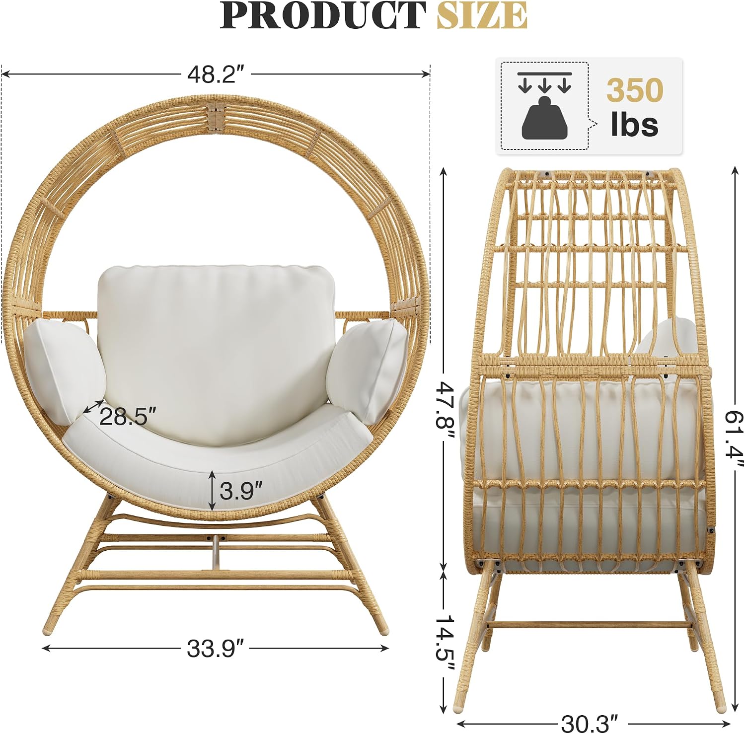 Bifanuo Oversized Egg Chair Indoor/Outdoor Rattan Hanging Basket Chair with Thickened Cushion Supports 350LBS – Wicker Patio Lounge Chair for Balcony Porch Living Room Backyard (Beige)