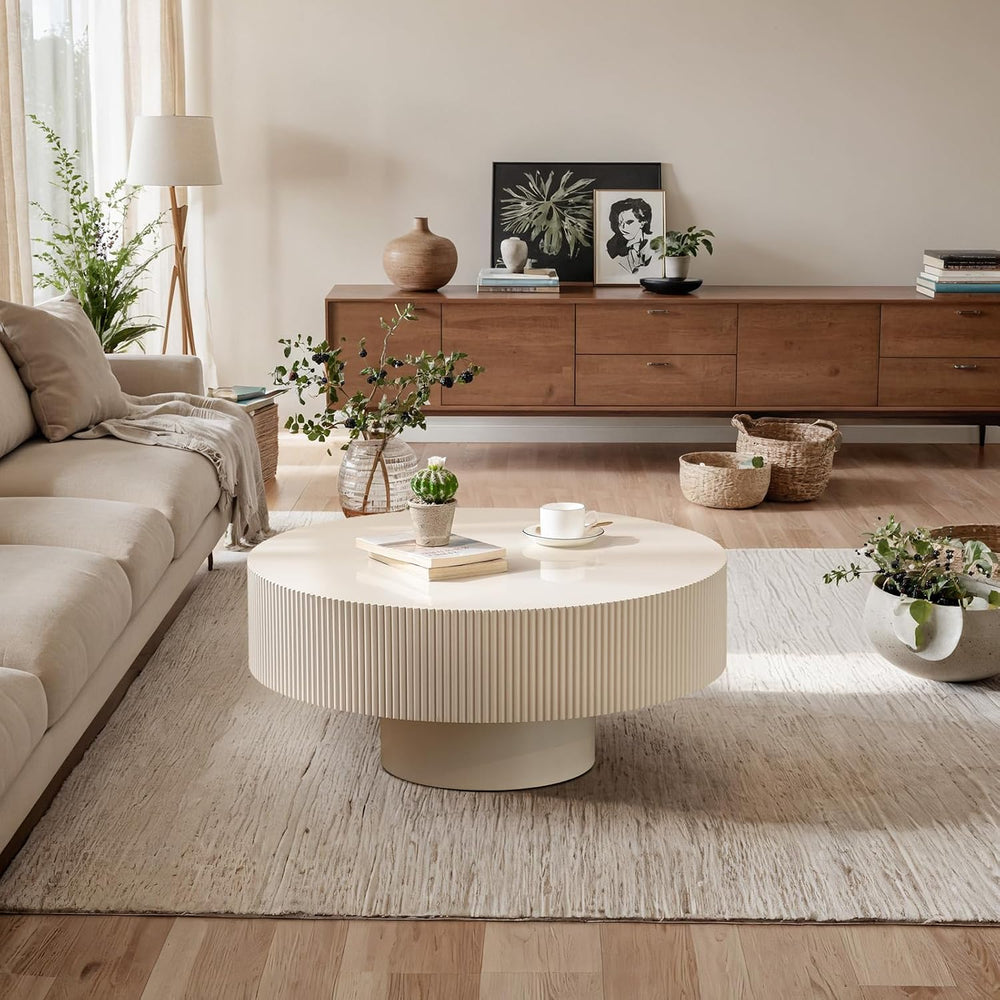 Round Drum Coffee Table with Sturdy Pedestal, Modern Wooden Fluted Coffee Tab...
