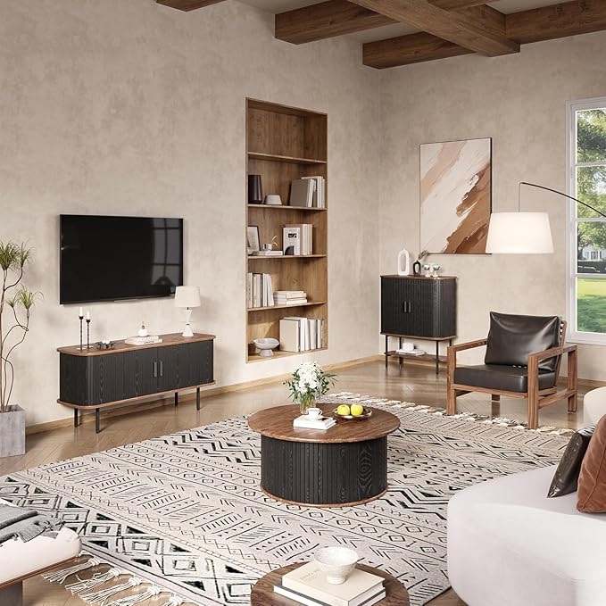 47''W Modern TV Stand Cabinet with Storage for TVs up to 55 Inch, Fluted TV Entertainment Center with Slatted Tambour Doors, Media Console for Living Room, Entryway, Black