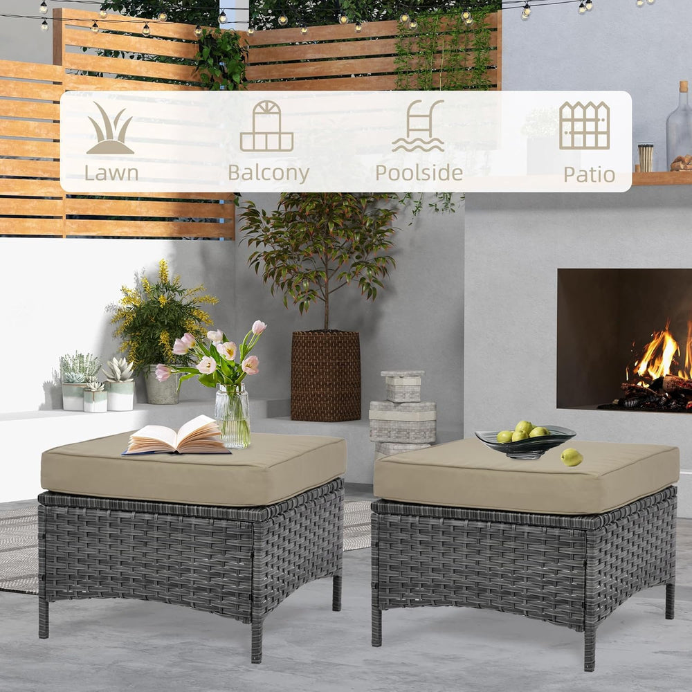Set of 2 Outdoor Patio Ottomans, All-Weather PE Rattan Wicker Furniture for B...