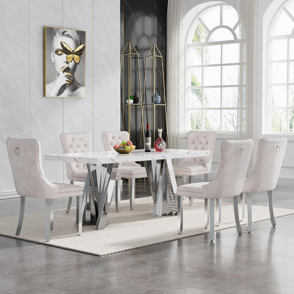 70" Faux Marble White Silver Dining Table for 6, Modern Dining Room Tabl...