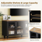 Ball & Cast Farmhouse TV Stand with Tempered Glass Doors for TVs up to 70",Sideboard Buffet w/5 Solid Wood Gourd-Shaped Legs & Adjustable Shelf,Entertainment Center for Living Room,Black+Natural