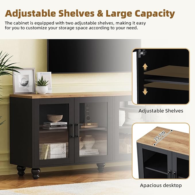 Farmhouse TV Stand with Bookshelves & Tempered Glass Doors, Entertainment Center with Adjustable Shelves for TVs up to 70'', Media Console with Solid Wood Gourd-Shaped Legs, Black