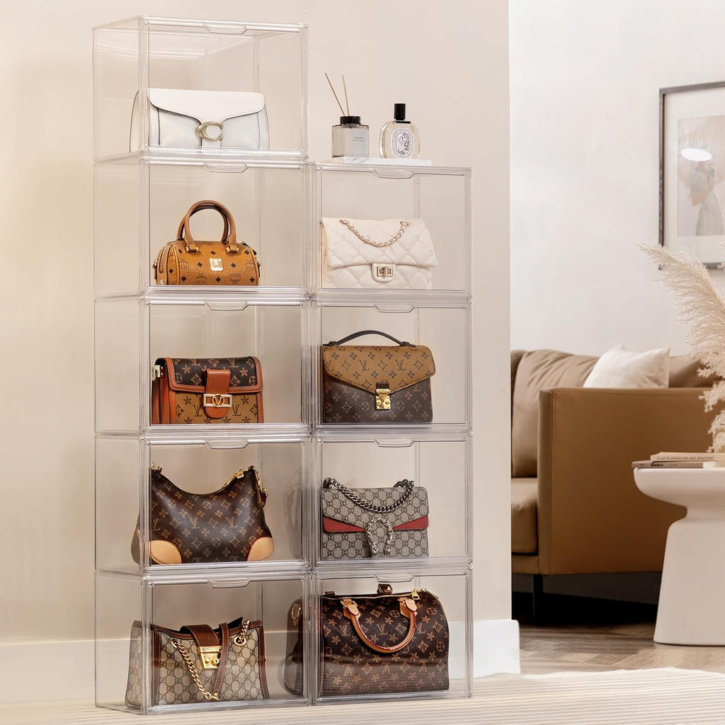HBlife 5 Pack Purse Storage Organizer for Closet, Large Clear Stackable Handbag Display Case Box with Magnetic Door for Collectibles, Cosmetics, Women Heels and Toys