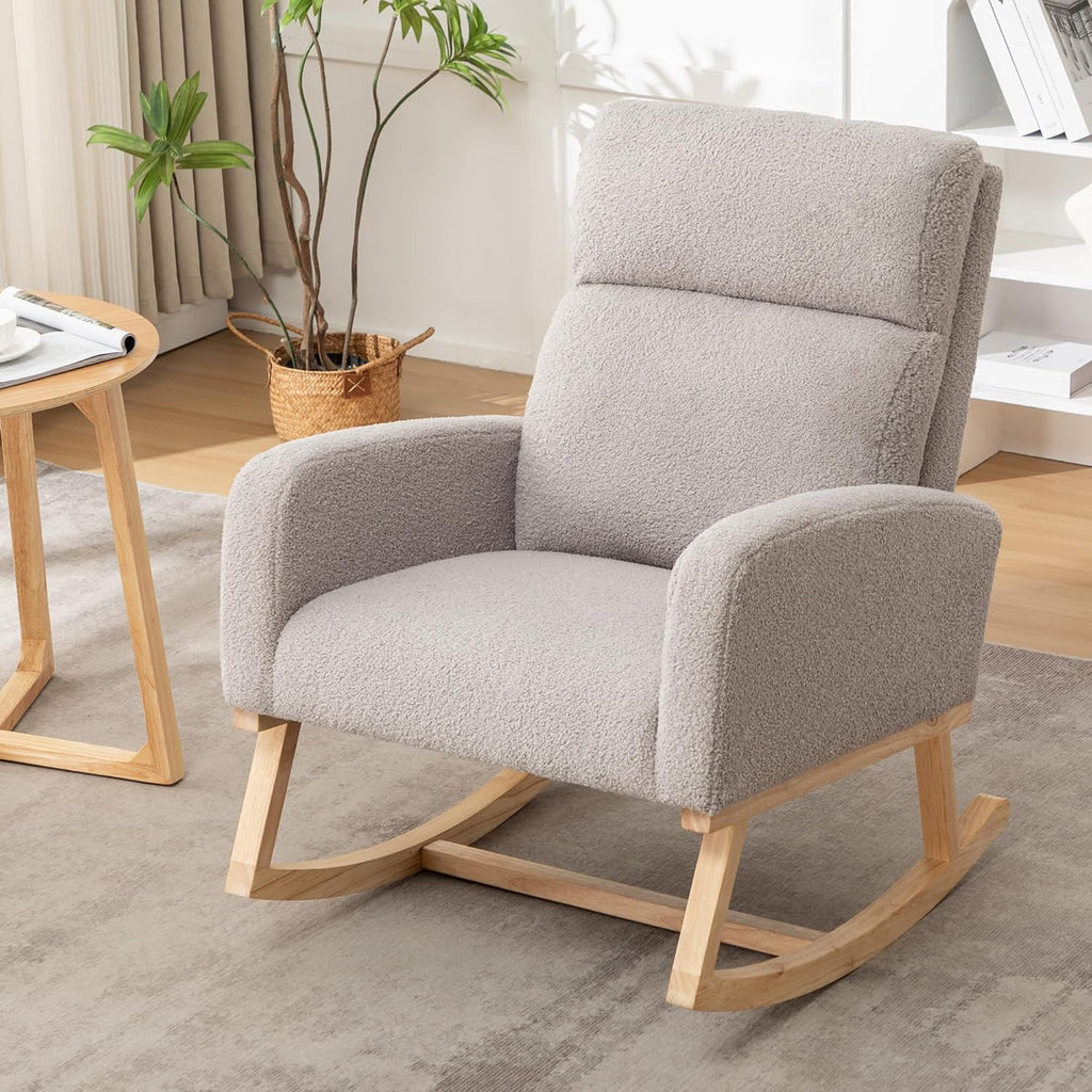 Rocking Chair Nursery, Rocker Nursing Chairs for Breastfeeding with Wood Legs and Side Pocket, Comfortable Glider Roking Chair for Nursery, Living Room, Bedroom,Teddy Light Grey