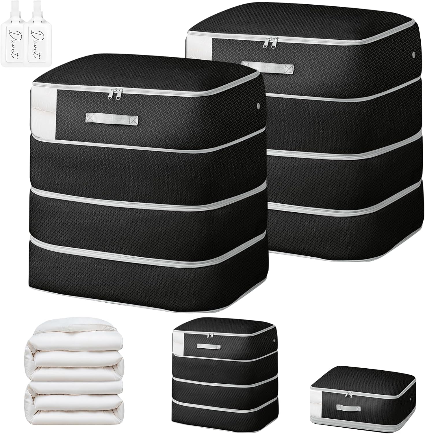 Comforter Storage Bag - 130L Large Capacity Blanket Storage Bags 4-Layer Ultra Space Saving Self Compression Organizer, Washable Compression Bags for Storage Comforter Blanket, 2-Pack, Black