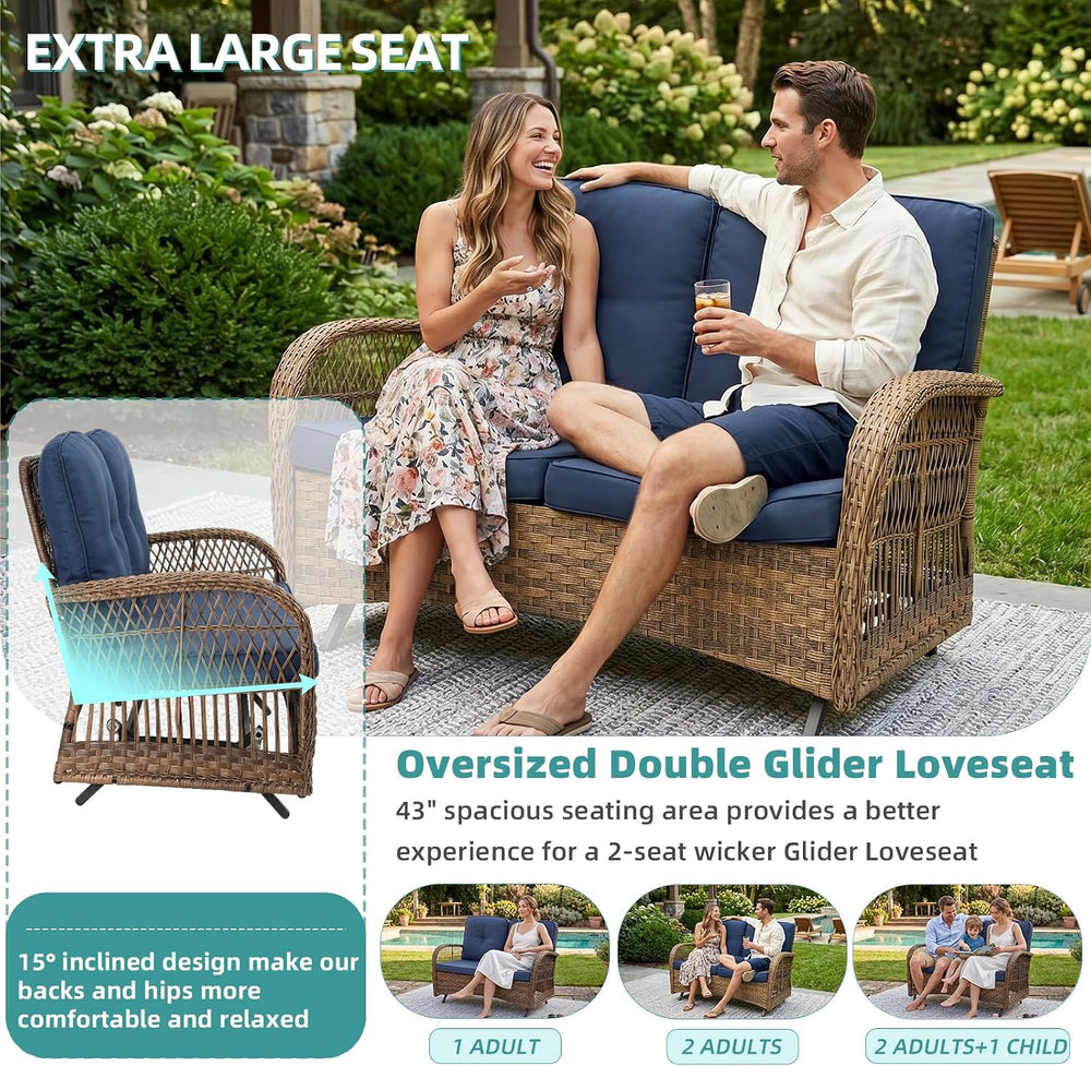Outdoor Wicker Patio Glider Set, Loveseat for 2 Person Porch Furniture Glider...