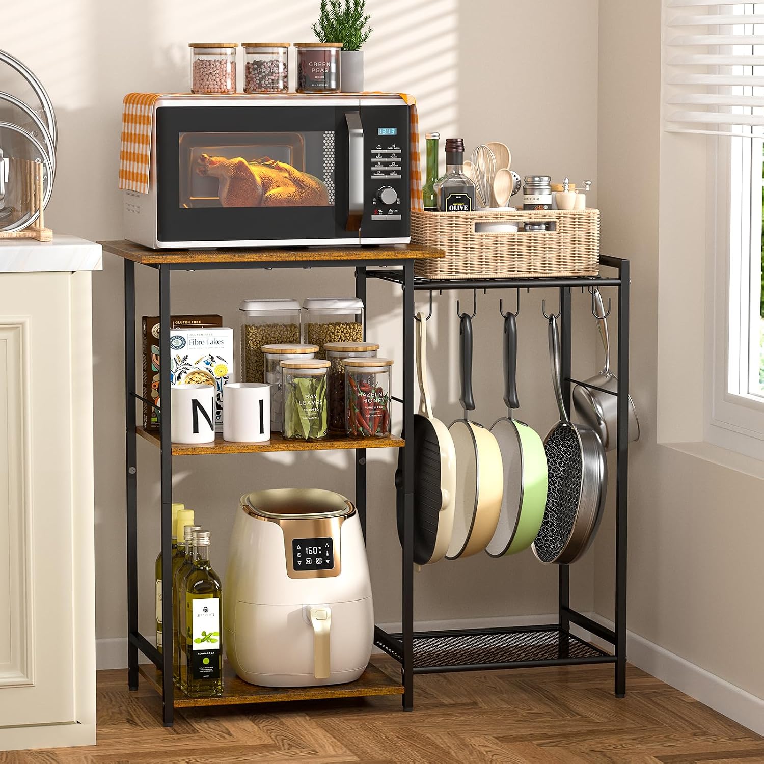 Kitchen Stand with Pots Rack, Utility Microwave Oven Stand with Storage, 5 Tiers Coffee Bar Table, Small Kitchen Bakers Rack with 6 S Hooks, Kitchen Storage Shelf Rack for Spices, Pots, Rustic Brown