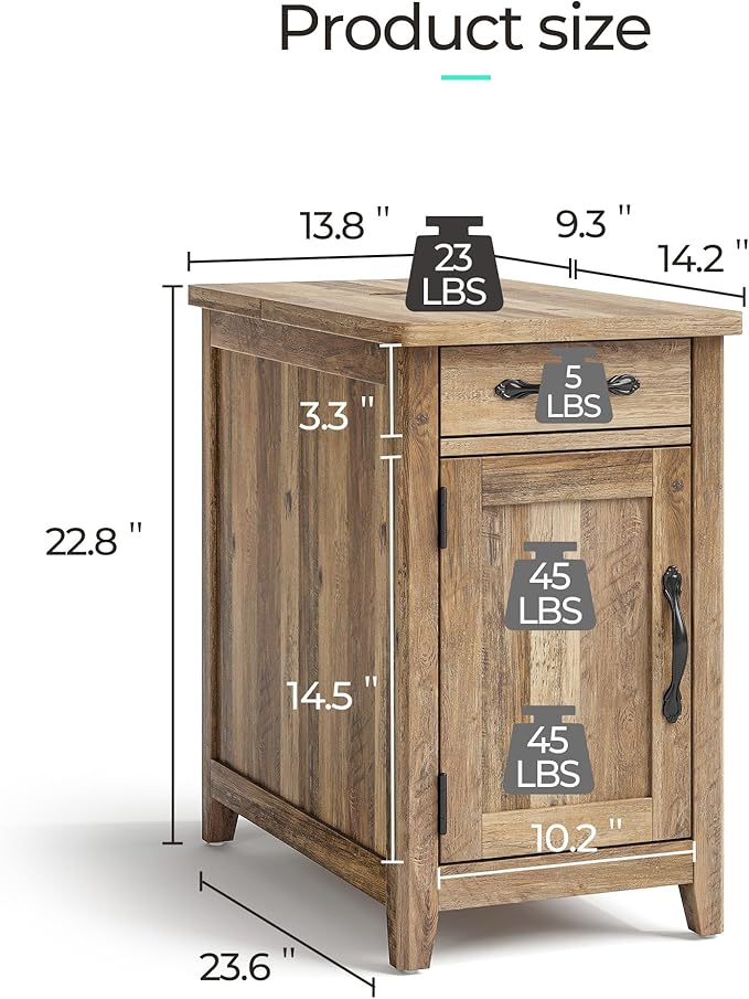 LINSY HOME Farmhouse End Table with Charging Station, Narrow Side Table for L...
