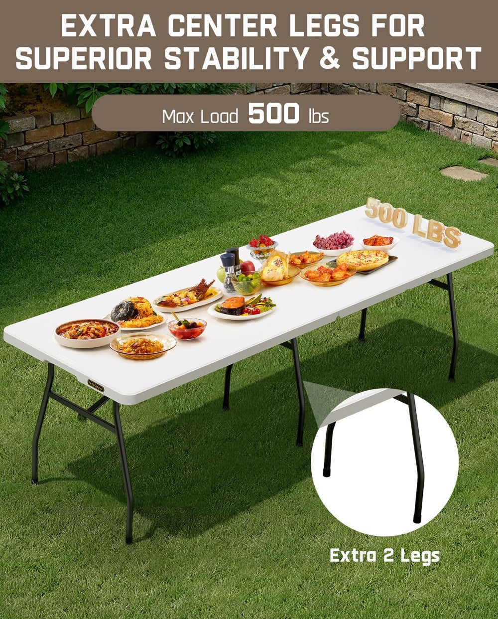 FanttikOutdoor 8ft Folding Table with Six Legs, 500 LBS, Party, Camping | Hea...