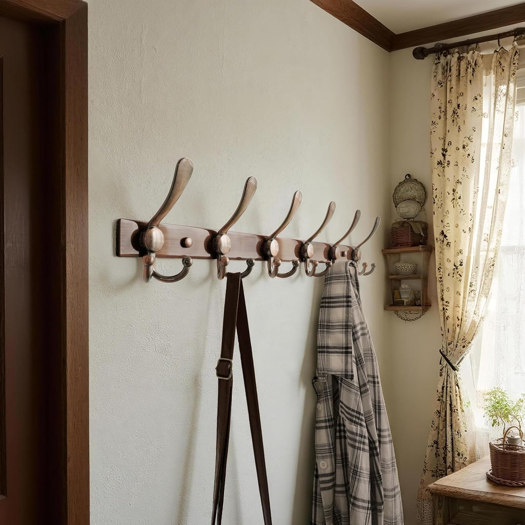 Dseap Coat Rack Wall Mount 2.0 Pro: 24” Long, 3X Tougher, Heavy Duty Stainless Steel Wall Coat Hanger with 6 Tri Hooks for Clothes Jackets Hats Entryway Closet, Antique Copper, Pack of 2