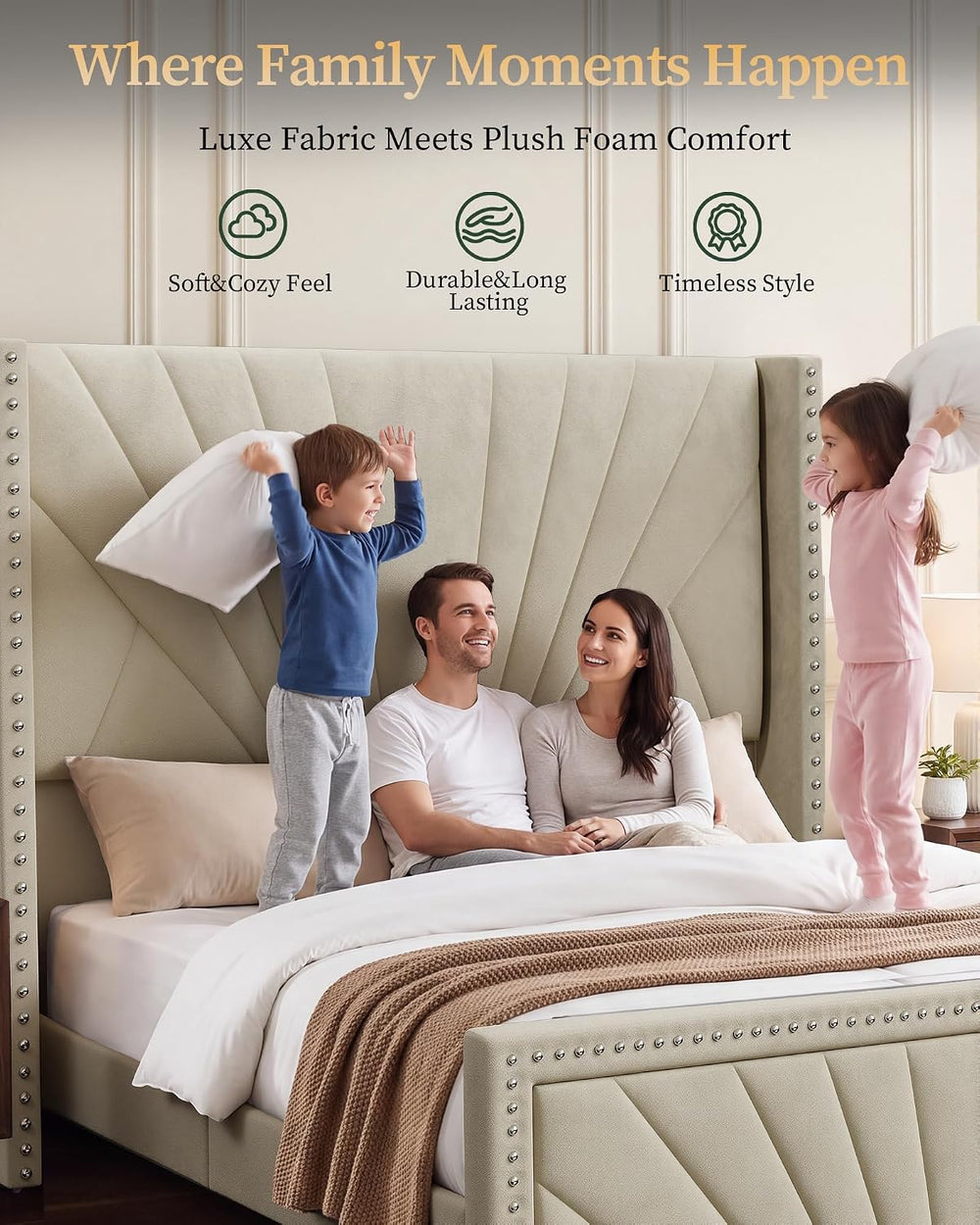 Queen Bed Frame 55" Velvet Upholstered Platform Bed, Art Deco, Cream White