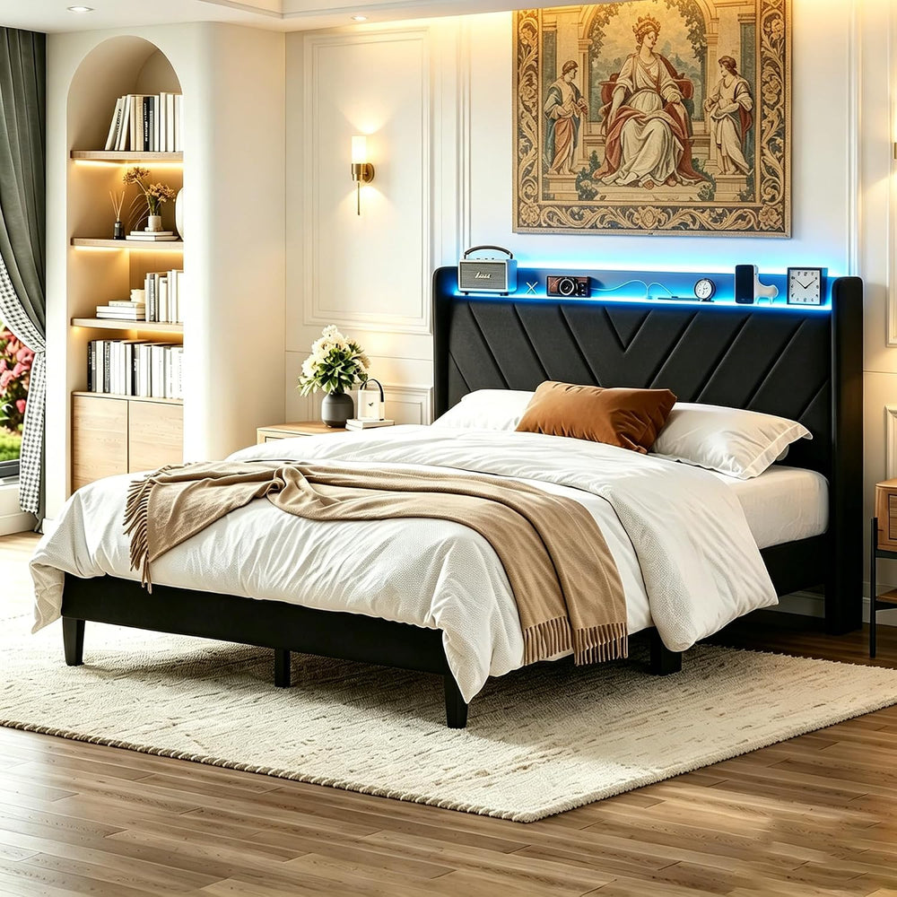 Full Size Bed Frame with Charging Station and LED Lights, Upholstered Wingbac...