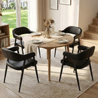 HNY Modern Dining Room Arm Chairs Set of 4, Retro Faux Leather Upholstered Barrel Dining Chairs with Arms Mid-Century Black Accent Chair with Metal Legs, Open-Back Kitchen Side Chair for Living Room