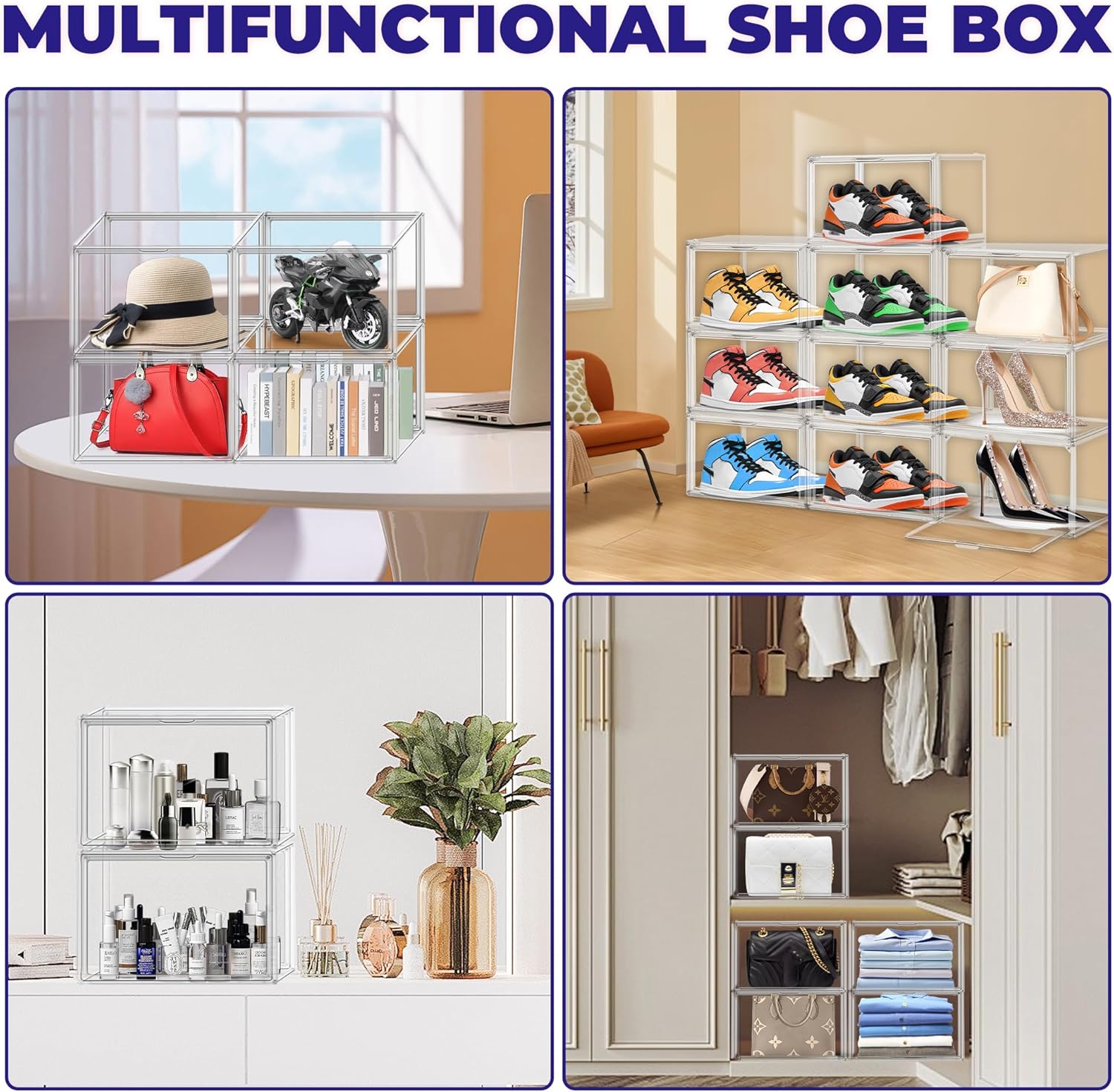 Shoe Storage 6 Pack Size 13 Acrylic Clear Shoe Storage Box Stackable Large Sneakers Display Case with Magnetic Door Hat Boxes Shoe Organizer for Closet