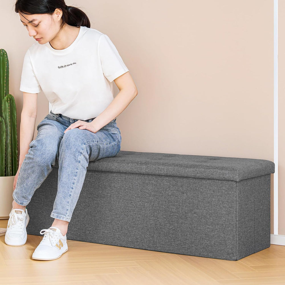 PINPLUS Folding Storage Ottoman Bench, Grey Linen | Linen Storage Chest with ...