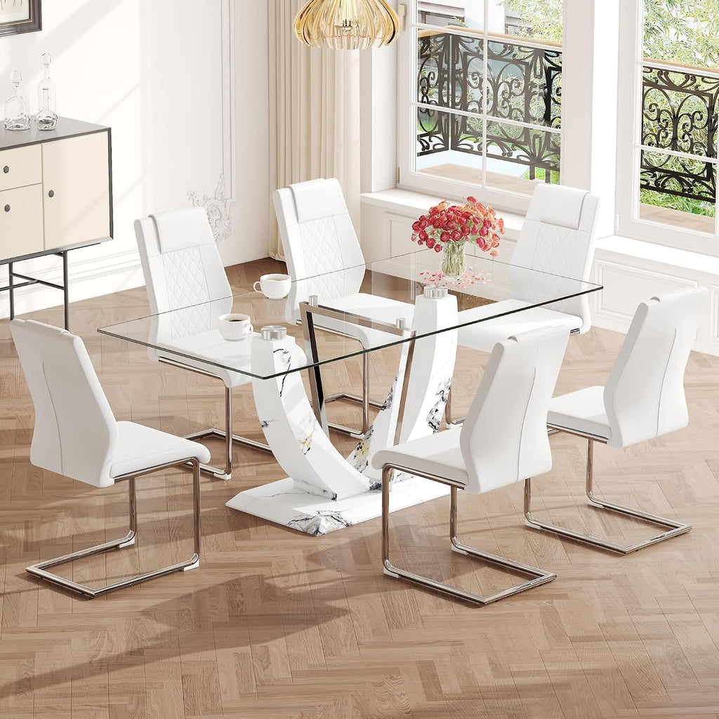 Modern Faux Marble Dining Table Set for 6, 63" Rectangular Kitchen Table with Elegant U-Shaped Pedestal Base and 6 Sleek Cantilever Chairs, Contemporary 7-Piece Dining Room Furniture Set
