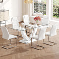 Modern Faux Marble Dining Table Set for 6, 63" Rectangular Kitchen Table with Elegant U-Shaped Pedestal Base and 6 Sleek Cantilever Chairs, Contemporary 7-Piece Dining Room Furniture Set