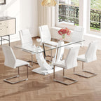 Modern Faux Marble Dining Table Set for 6, 63" Rectangular Kitchen Table with Elegant U-Shaped Pedestal Base and 6 Sleek Cantilever Chairs, Contemporary 7-Piece Dining Room Furniture Set