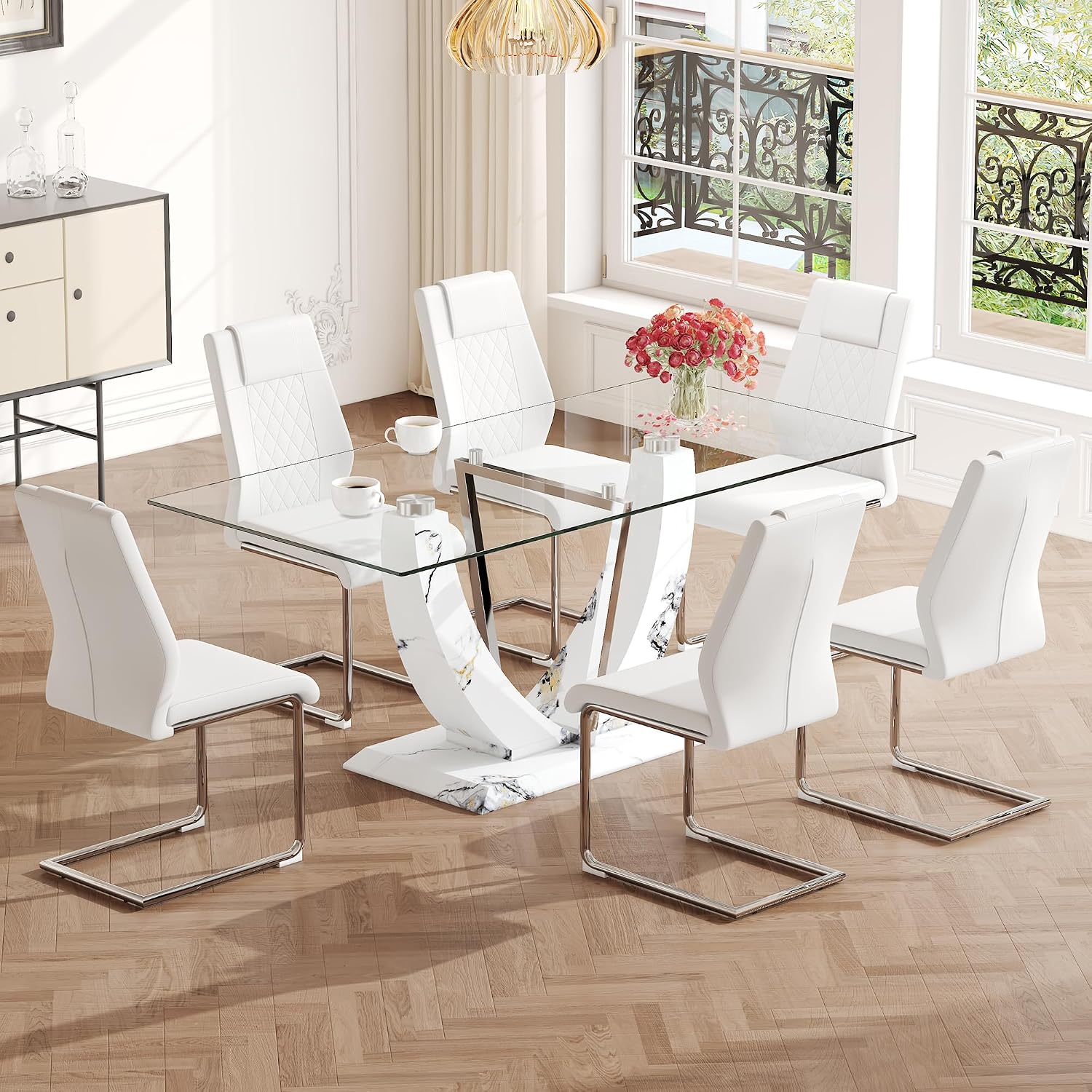 Modern Faux Marble Dining Table Set for 6, 63" Rectangular Kitchen Table with Elegant U-Shaped Pedestal Base and 6 Sleek Cantilever Chairs, Contemporary 7-Piece Dining Room Furniture Set