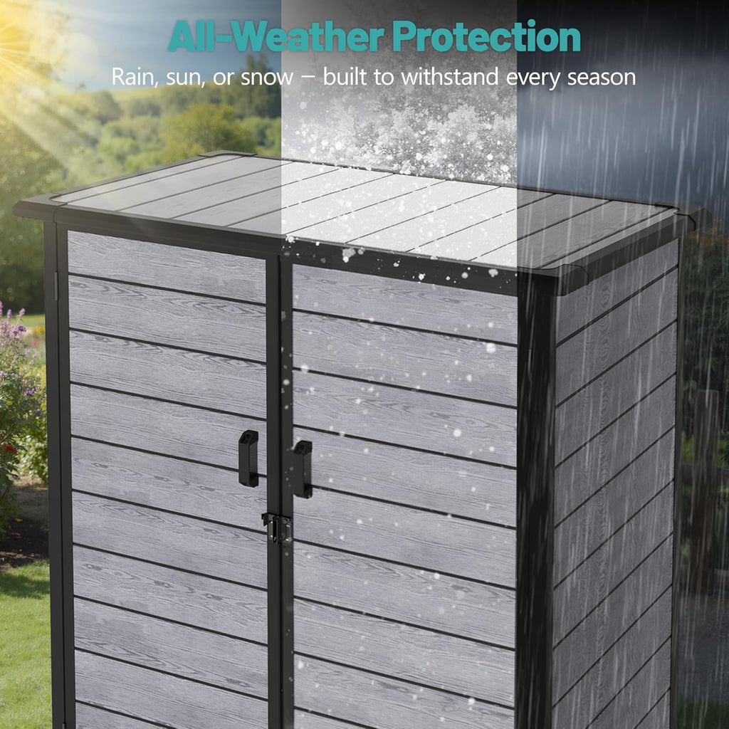 Outdoor Storage Shed, 56.8 Cu.Ft Resin Shed, 4.6 x 5.6 FT Waterproof Garden Tool Shed with Double Doors & Adjustable Shelves, Backyard Storage Cabinet for Tools, Bikes & Patio Furniture (Darkgray)
