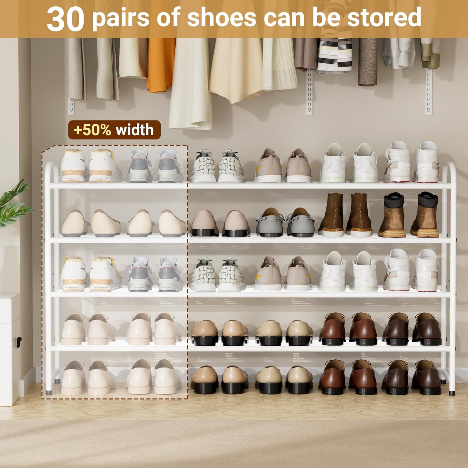 KEETDY 4-Tier Long Shoe Rack for Closet Floor, Wide Shoe Organizer Storage, Stackable Shoe Rack for Entryway Metal Shoe Shelf for 30 Pairs Men Sneakers with Wire Grid for Bedroom, White