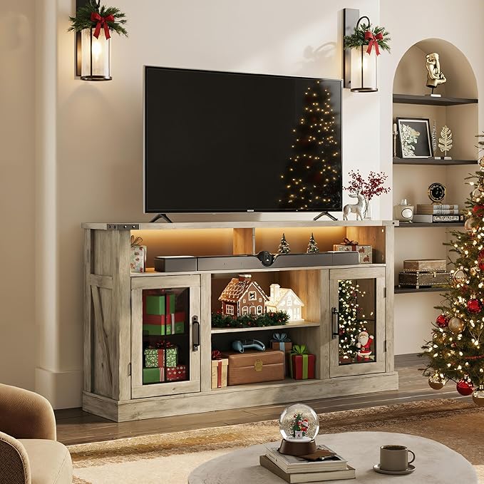 WLIVE Farmhouse TV Stand for 65 Inch TV, Tall Entertainment Center with LED Lights & Storage Cabinets, TV Media Console Table with Adjustable Shelf for Living Room, Bedroom, Home Theater, Gray Oak