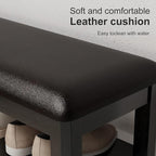 Shoe Bench with Leather Cushion, 3 Tiers Shoe Storage Bench Height Adjustable, Walnut Wood Entryway Bench for Hallway, Mudroom