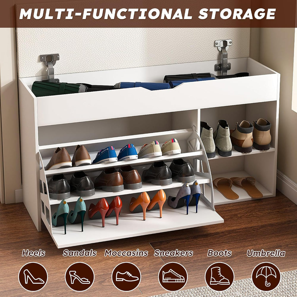 White Shoe Storage Bench, 3-Tier FlipUp Entryway Bench, 39.7 x 11.8X 20.47 Wo...