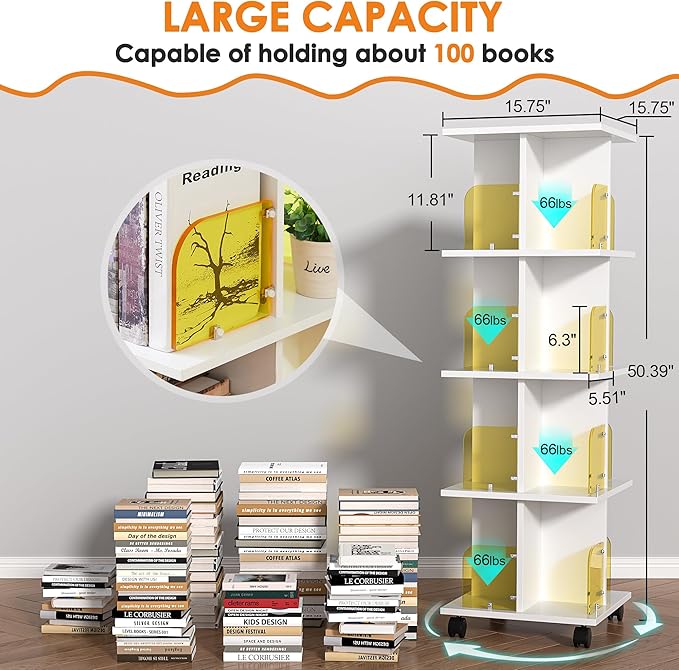 VECELO 4-Tier Rotating Bookshelf, Modern Swivel Bookcase, Vintage Book Shelf for 360° Display, Stackable Shelves Floor-Standing Storage for Home Office, Solid Wood, Smooth Spinning, White