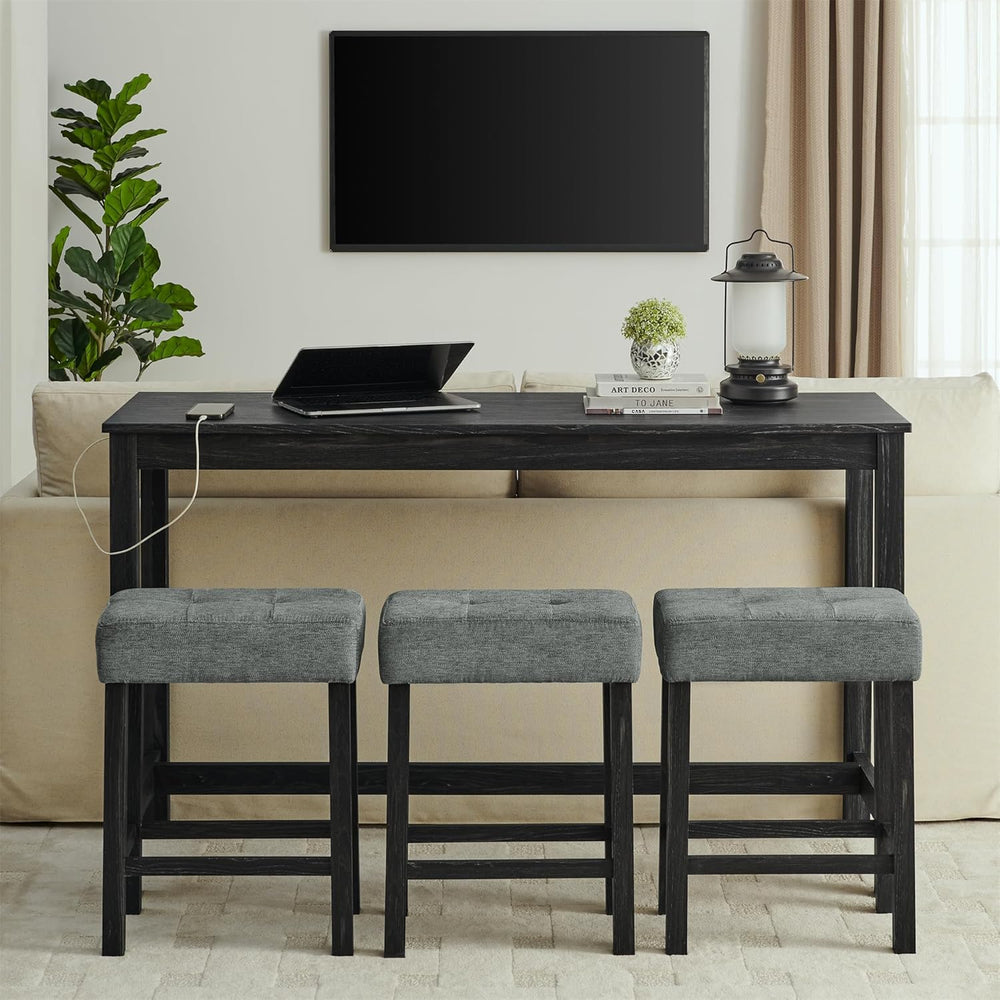 59" Bar Table Set with Power Outlet & 3 Upholstered Stools – 4-Piece...