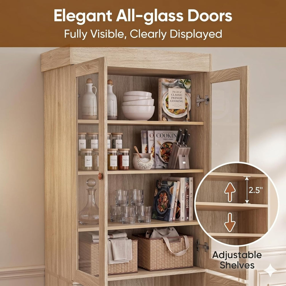 71" Tall Farmhouse Kitchen Pantry, Large Storage Cabinet with Glass Door...