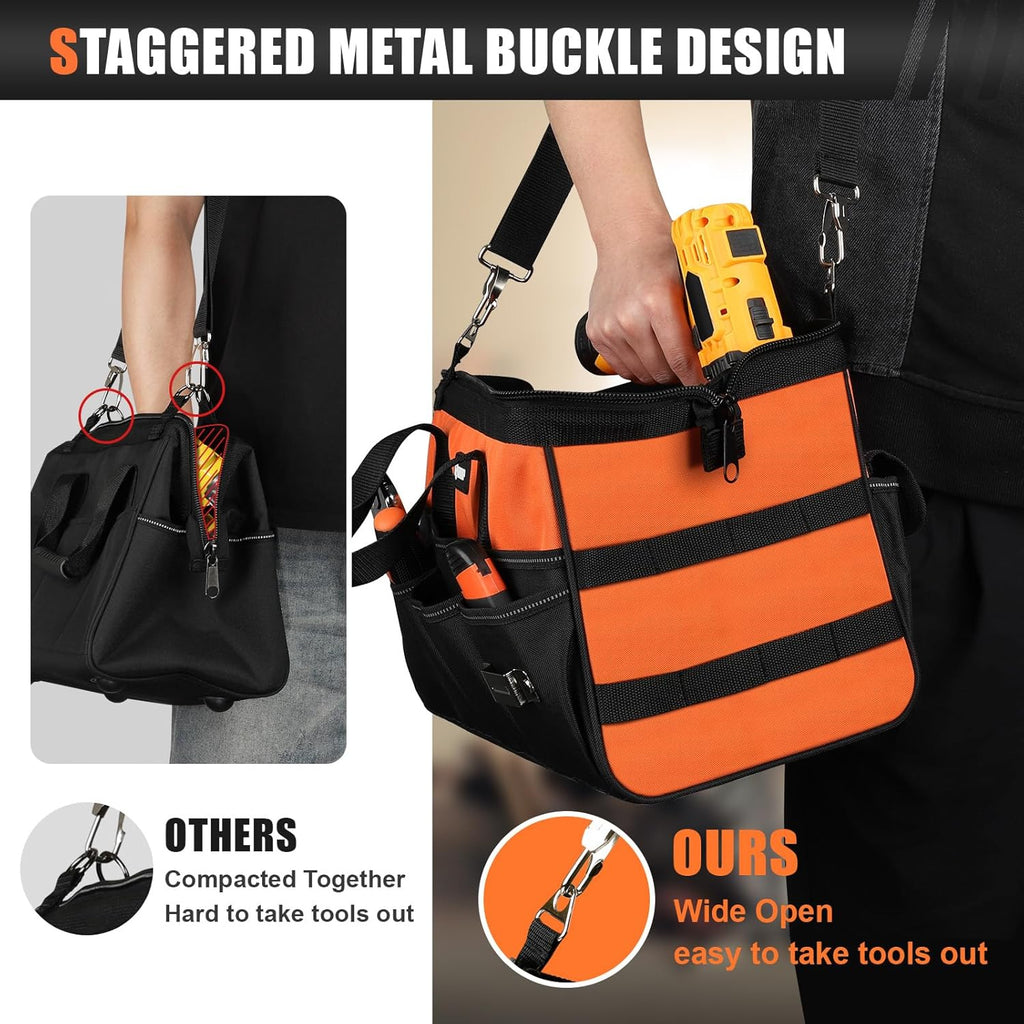 Heavy Duty Tool Bag 15-Inch, 16-Pocket Portable Soft Tool Box Organizer Storage, Handle Tactical Carry Tote Empty Toolbox with Large Zipper, Father Day Dad Men Gift for Mechanic Engineer, Orange