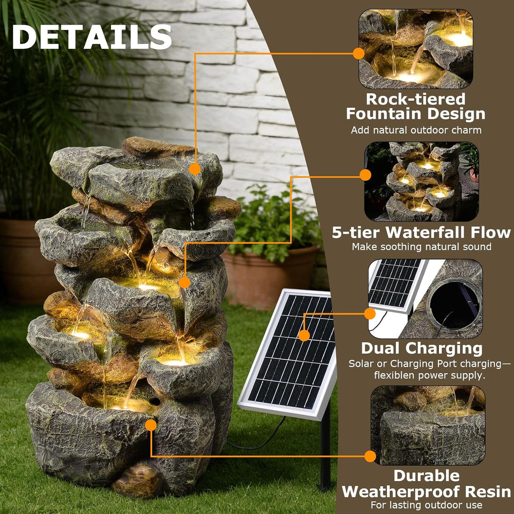 5 Tiered Solar Water Fountain Outdoor Garden with LED Lights