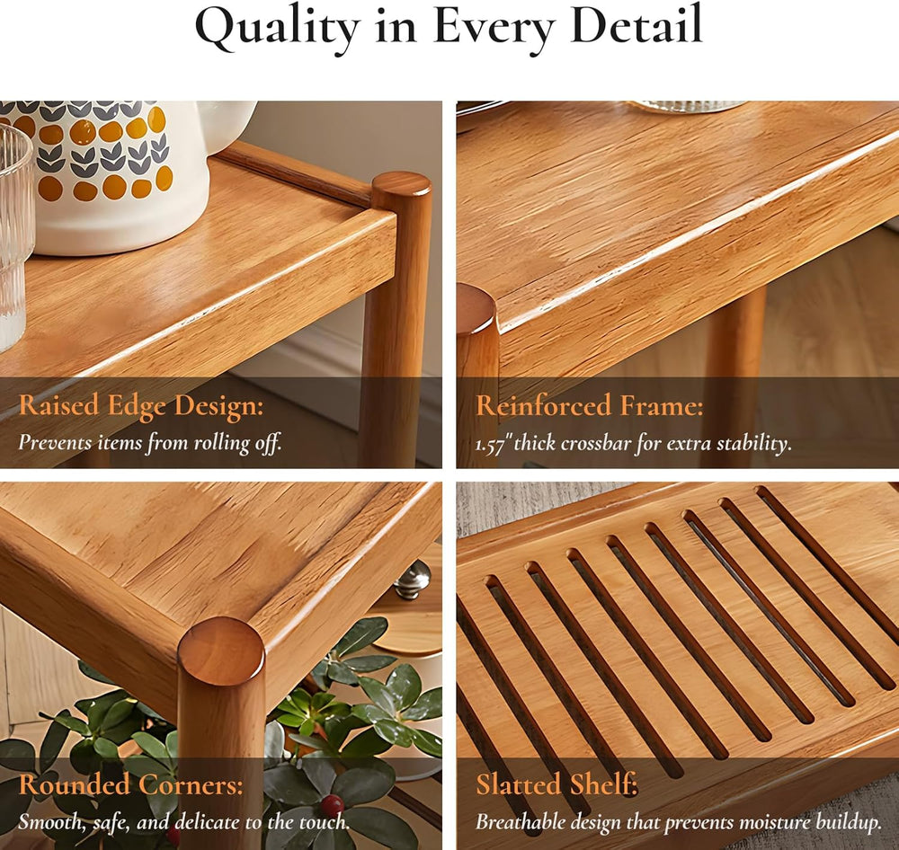 Side Table, Solid Wood Narrow End Table with Storage Shelf and Wheels, 2-Tier...