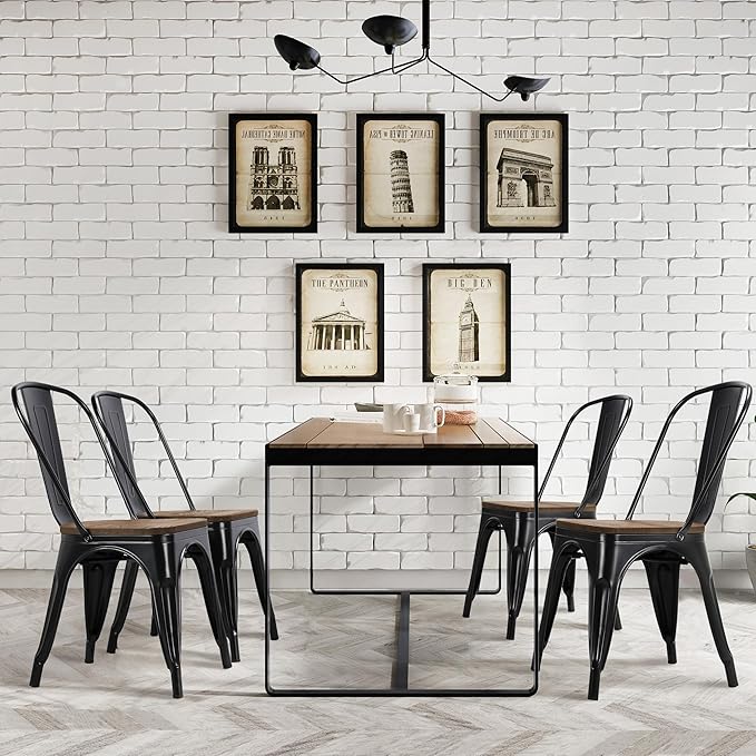 Yaheetech Metal Dining Chairs Set of 4, Industrial Stackable Kitchen Chairs with Wood Top Seat for Dining Room/Restaurant/Bistro/Patio, Indoor & Outdoor Use, Black