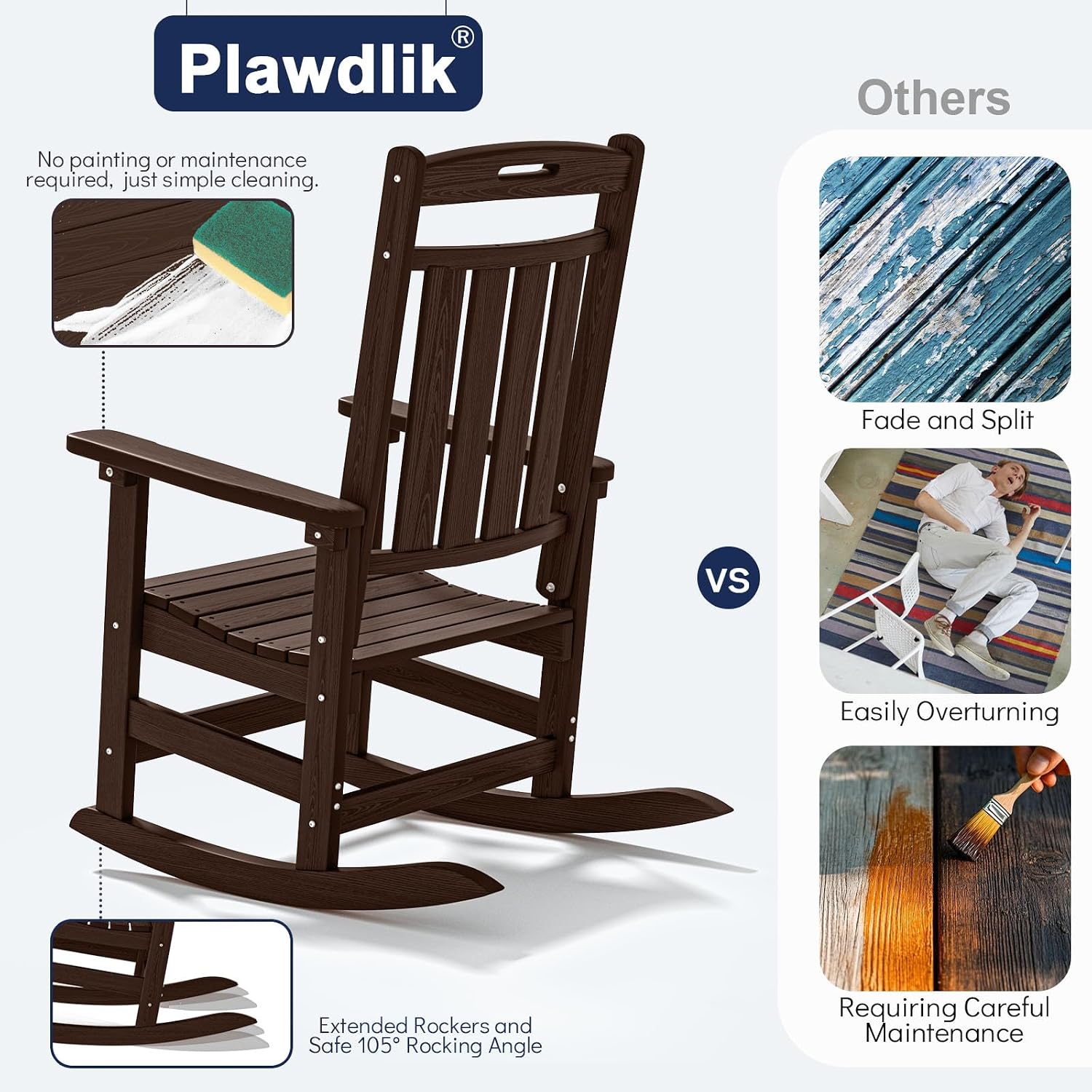 Oversized HDPE Outdoor Rocking Chair Set of 2, All-Weather, Coffee | Heavy Duty Patio Rockers with High Back, Extra Large & Extra Wide, Supports up to 380lbs, Perfect for Porch, Lawn, Garden