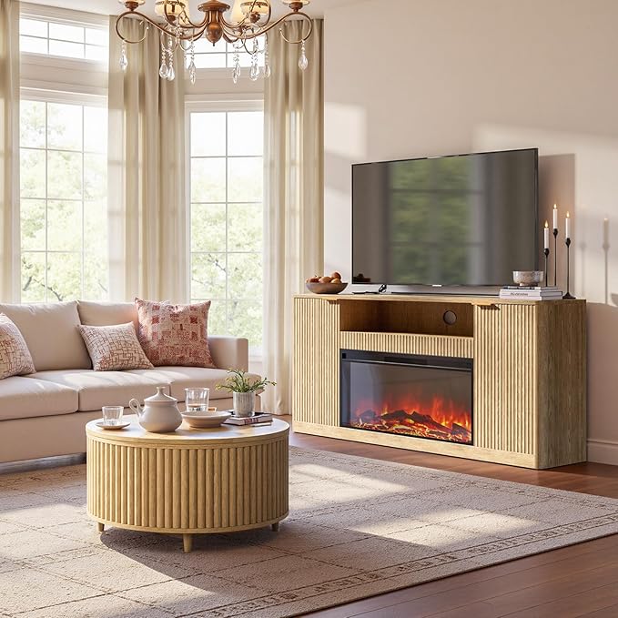 Evermagin 67" Oak Fluted Fireplace TV Stand for TVs up tp 75", Mid-Century Modern Entertainment Center with Storage Cabinets and Doors, Wood Media TV Consoles for Living Room and Bedroom