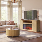 Evermagin 67" Oak Fluted Fireplace TV Stand for TVs up tp 75", Mid-Century Modern Entertainment Center with Storage Cabinets and Doors, Wood Media TV Consoles for Living Room and Bedroom