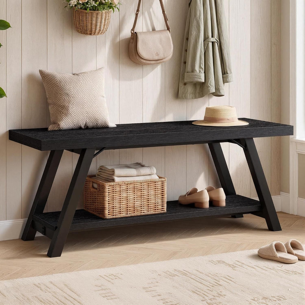 LVB Black Entryway Bench with Storage, Wood Bench for Entryway, 47 in